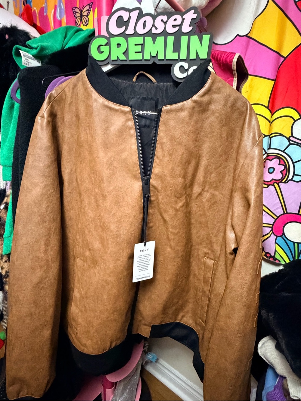 DKNY Tan Faux Leather Bomber Jacket with Black Trim